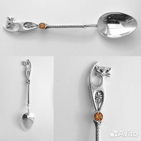 Чайная серебряная ложка с цирконом. Кот Чайная серебряная ложка с цирконом. Кот