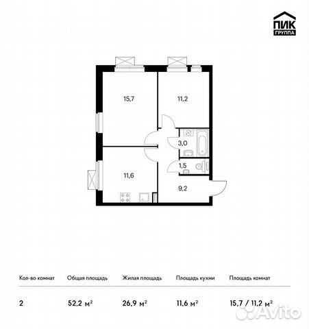 2-к квартира, 52.2 м², 21/22 эт.