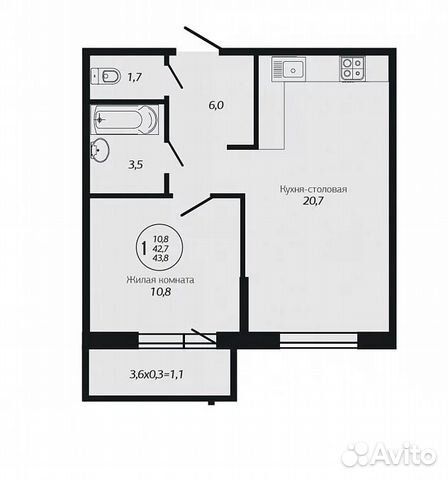 1-к квартира, 43.8 м², 6/19 эт. 1-к квартира, 43.8 м², 6/19 эт.