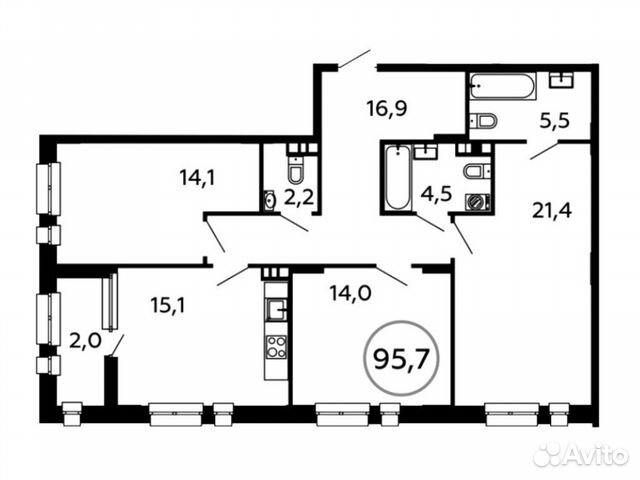 3-к квартира, 95.7 м², 6/16 эт. 3-к квартира, 95.7 м², 6/16 эт.