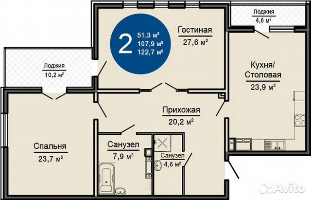 2-к квартира, 122.7 м², 10/19 эт. 2-к квартира, 122.7 м², 10/19 эт.