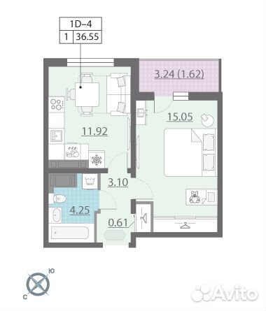 1-к квартира, 36.6 м², 22/22 эт.