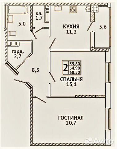 2-к квартира, 62.1 м², 2/18 эт.