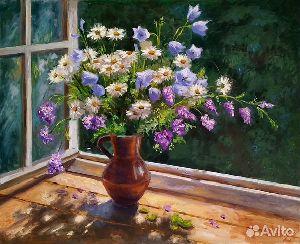 Картина маслом цветы. Букет Ромашек Радостный день