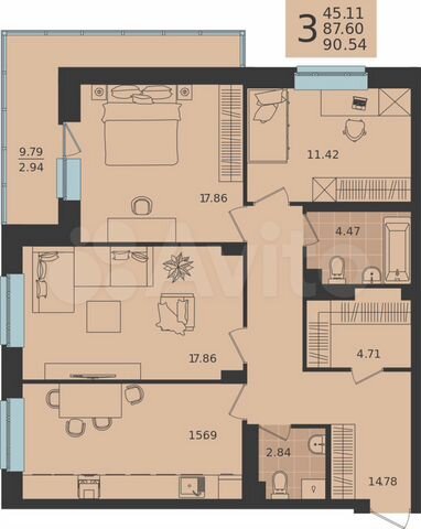 3-к. квартира, 90,5 м², 4/20 эт.