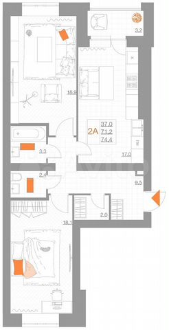 2-к. квартира, 74,4 м², 3/5 эт.