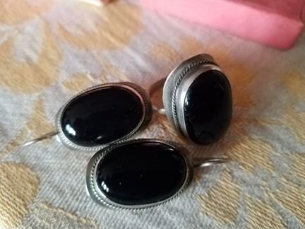 Мельхиоровый набор серьги + кольцо 17,5 агат черны