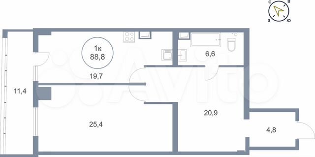 1-к. квартира, 88,8 м², 2/25 эт.