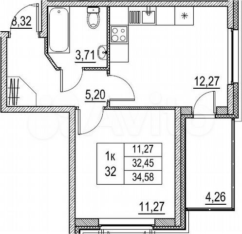 1-к. квартира, 34,6 м², 1/3 эт.