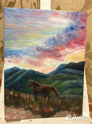 Картина маслом на холсте пейзаж лошадь