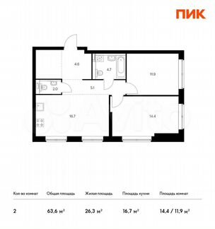 2-к квартира, 63.6 м², 21/21 эт.