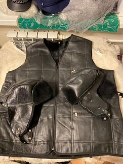 Кожаный жилет из овчины+кожаная ушанка из овчины