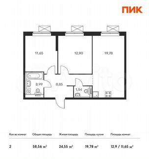 2-к квартира, 58.6 м², 3/33 эт.