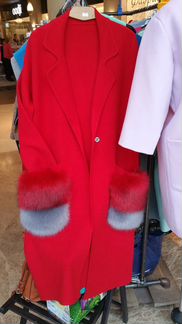 Шерстяное пальто-кардиган с песцом, 44-48